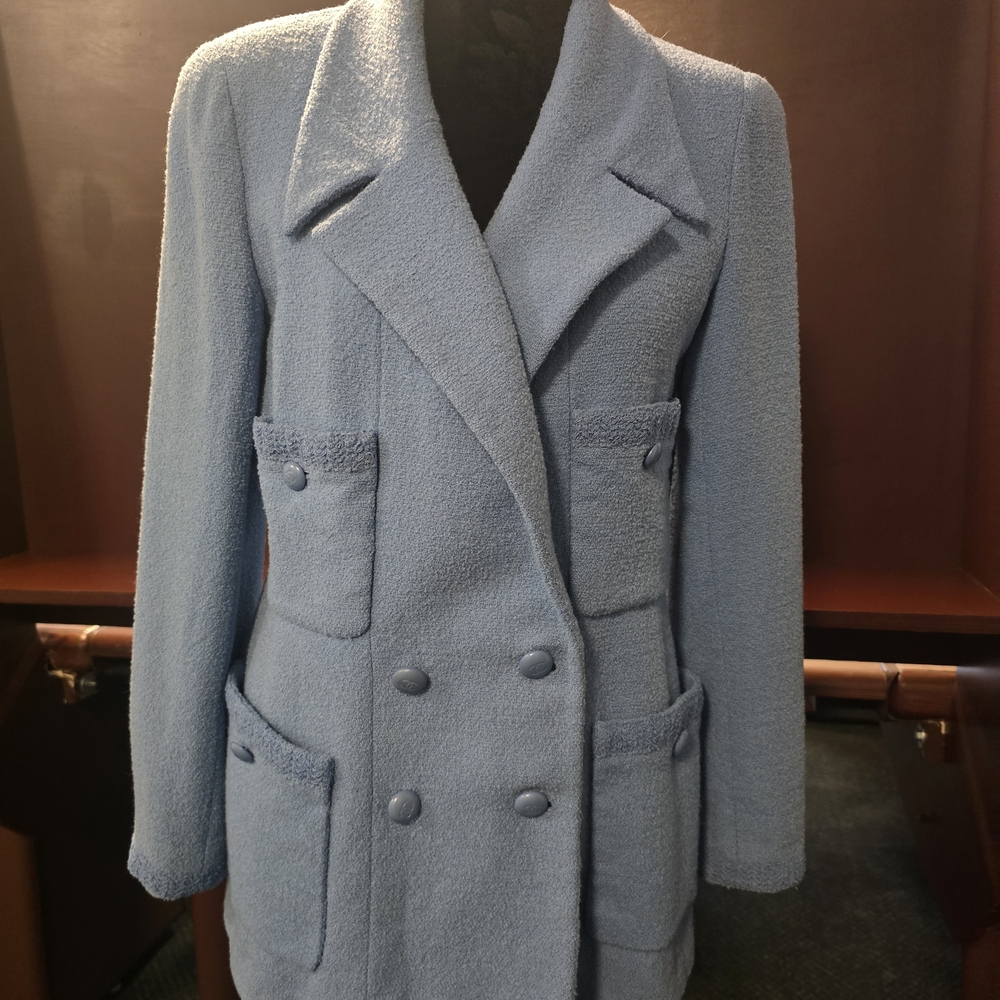 CHANEL Sky Blue Textured Pea Coat